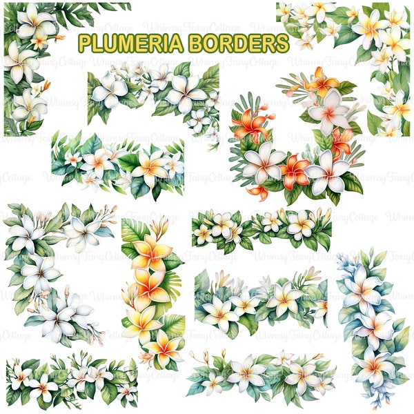 12 Plumeria Border Clipart, Flower Borders PNG, Watercolor Floral Border Frames, Tropical Flower Elements, Digital Lei Flowers Journaling