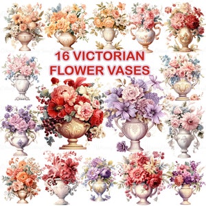 16 Vaso de flores vitoriano Clipart PNG, decoração floral rococó borda scrapbook fundo cartão flores elementos de papelaria diário de lixo