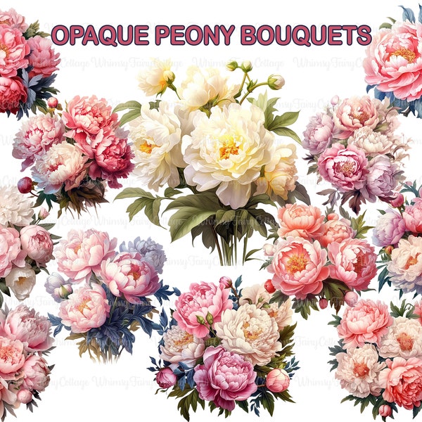 12 Opaque Peony Bouquets Clipart, PNG Transparent Wedding Flowers, Sublimation Flower Designs, Journaling Flowers, Scrapbook Flower Borders