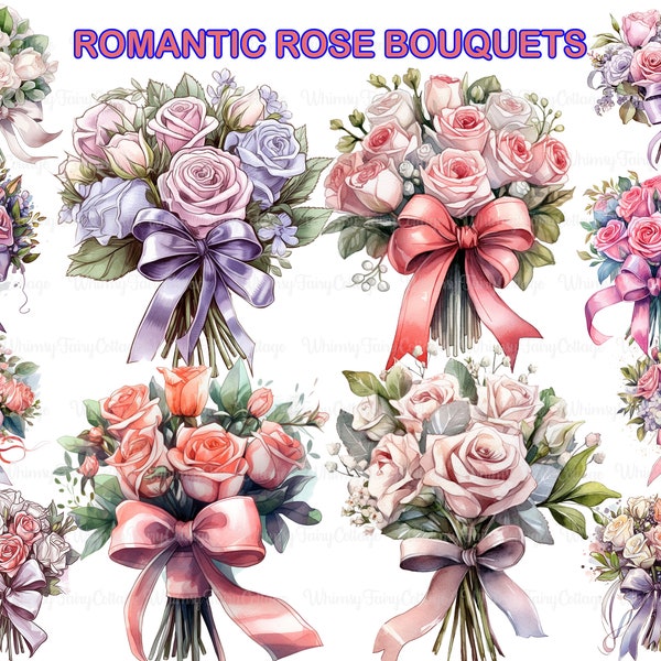 Romantic Rose Bouquets Clipart PNG Transparent, Wedding Rose Cardmaking Elements Digital Clip Art, Floral Border PNG, Junk Journaling Roses