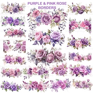 20 rosas roxas e rosas borda clipart PNG, cartão de noiva borda floral diário scrapbook papelaria elemento flor papel de fundo