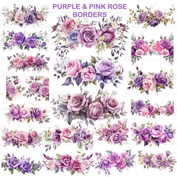 20 Purple and Pink Roses Border Clipart PNG, Bridal Cardmaking Floral Border Journaling Scrapbook Stationery Flower Element Background Paper