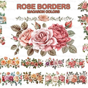 Rose Border Clipart PNG transparent, Rose Macaron Farben horizontale Ränder PNG, Floral Digital Clip Art, Blumenrahmen und Ränder PNG