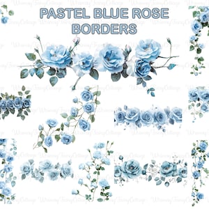Pastel Blue Rose Border PNG Transparent Clipart, Border Banner Roses PNG, Horizontal Rose Border PNG, Junk Journaling Blue Flowers