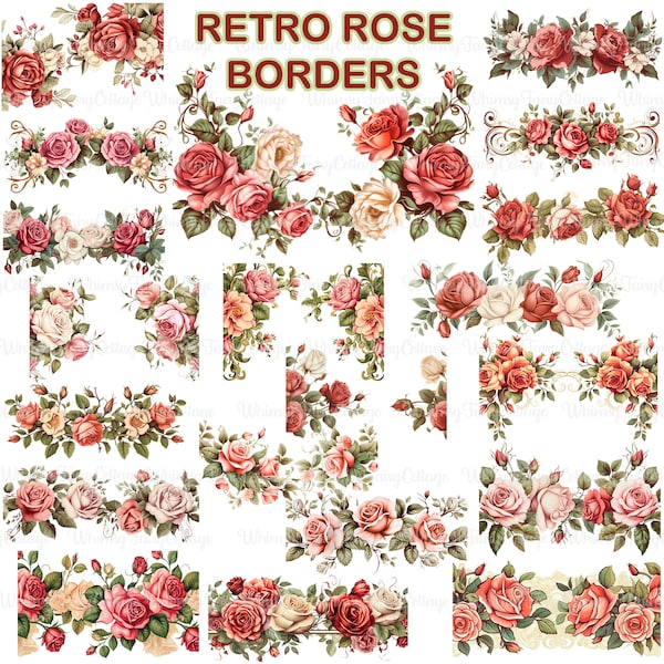 20 Retro Rose Border PNG Clipart, Cardmaking Banner Background Scrapbooking Floral Elements Junk Journaling Ephemera Stationery Rose Borders