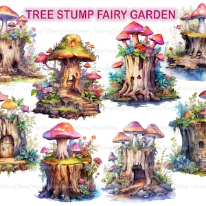 Mushroom Tree Stump Clipart PNG Transparent, Whimsical Floral Stump PNG, Garden-Inspired Scrapbook Elements, Journaling Borders Stationery