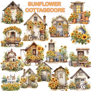 Sunflower Cottagecore Clipart, Sunflowers PNG, Cardmaking Scrapbooking Garden Flowers Barn Doors Yellow Floral Wagon Garden Junk Journaling