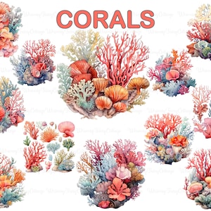 Ocean Coral Reef Clipart, Watercolor Pastel Sea Corals PNG, Seashells Ecosystem Seaweed Nursery Decor Coastal Journaling Elements Border