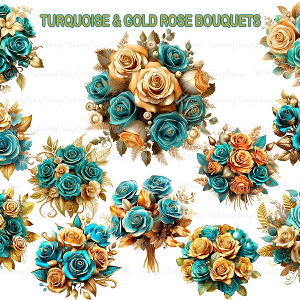 Turquoise and Gold Rose Bouquet Clipart, Wedding Bouquet Motif Invitation Cardmaking Elements Scrapbook Background Journaling Borders Crafts