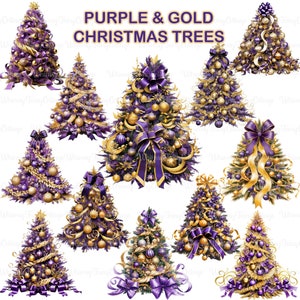 Purple and Gold Christmas Tree Clipart PNG Transparent, Christmas Card PNG Elements Scrapbook Holiday Journal Border Stationery Background