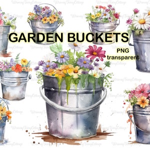 Bloementuin emmers planter clipart, rustieke bloemen emmers png, lentebloem emmer png, achtergrondranden journaling elementen kortstondige