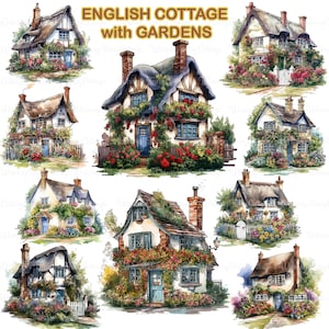 English Cottage Garden Clipart PNG Transparent, English Houses with Gardens PNG, Floral Cottages PNG, Storybook Cottage House Border
