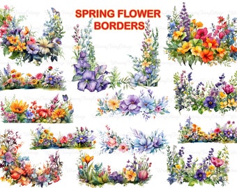 12 Spring Flower Border Clipart, Watercolor Vibrant Flowers PNG, Digital Crafting, Journaling Borders, Meadow Flowers, Commercial Use