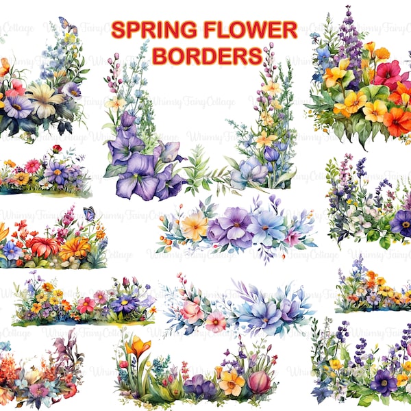 12 Spring Flower Border Clipart, Watercolor Vibrant Flowers PNG, Digital Crafting, Journaling Borders, Meadow Flowers, Commercial Use