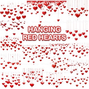 Puede incluir: Una colección de ilustraciones de corazones rojos colgando de cuerdas. La imagen presenta corazones de varios tamaños y estilos, con el texto "HANGING RED HEARTS" en una fuente roja con contorno.