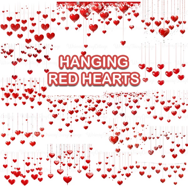 16 Hanging Red Heart Clipart PNG, Valentine's Day Floating Heart Logo Wedding Banner Photography Background Cardmaking Love Border Journal