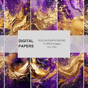 Gold and Purple Blend Digital Paper Textures, Glam Paper Downloadable and Printable, Scrapbooking Paper Background, Elegant Digital Paper