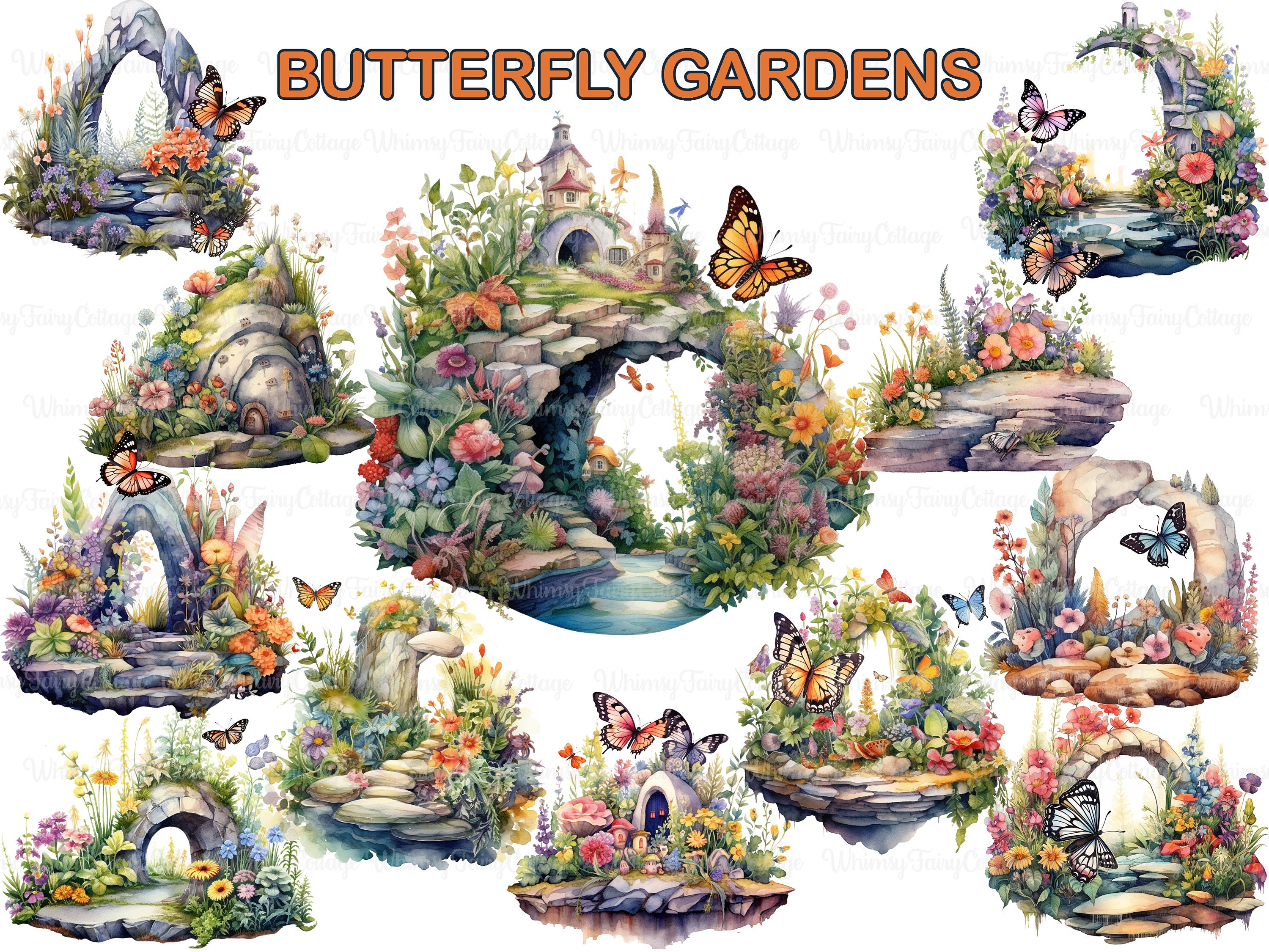 Butterfly Garden Clipart, 12 Watercolor Butterfly Gardens PNG, Sublimation Gardeninspired
