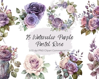 Akvarell lila pastellrosor Clipart-paket - 25 PNG, transparent bakgrund, ros clipart, akvarellpaket, omedelbar nedladdning, kommersiellt bruk
