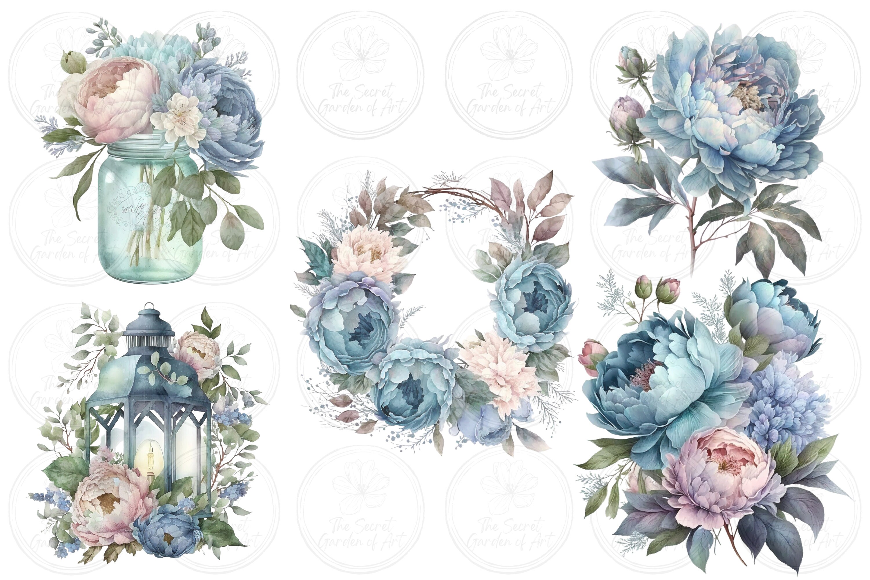 Watercolor Blue Pastel Peony Clipart Bundle 20 Png,transparent ...