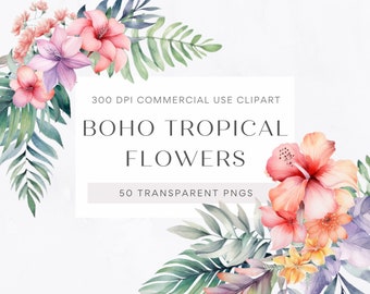 May include: Watercolor clipart of tropical flowers in shades of pink, orange, and yellow. The flowers are surrounded by green leaves. The text "300 DPI COMMERCIAL USE CLIPART BOHO TROPICAL FLOWERS 50 TRANSPARENT PNGS" is displayed on a white background.