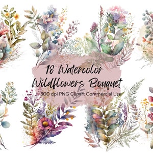 Watercolor Wildflowers Bouquet Clipart Bundle-18 PNG,Transparent Background,Floral clipart,Watercolor Bundle,Instant download,Commercial use