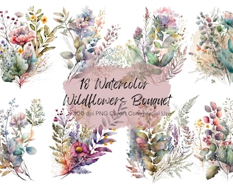 Akvarell vildblommor bukett Clipart Bundle-18 PNG, transparent bakgrund, blommig clipart, akvarell Bundle, omedelbar nedladdning, kommersiell användning