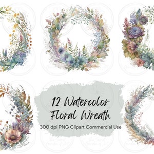 Watercolor Wildflowers Wreath Clipart - 12 PNG,Transparent Background,Floral frame clipart,Watercolor Bundle,Instant download,Commercial use