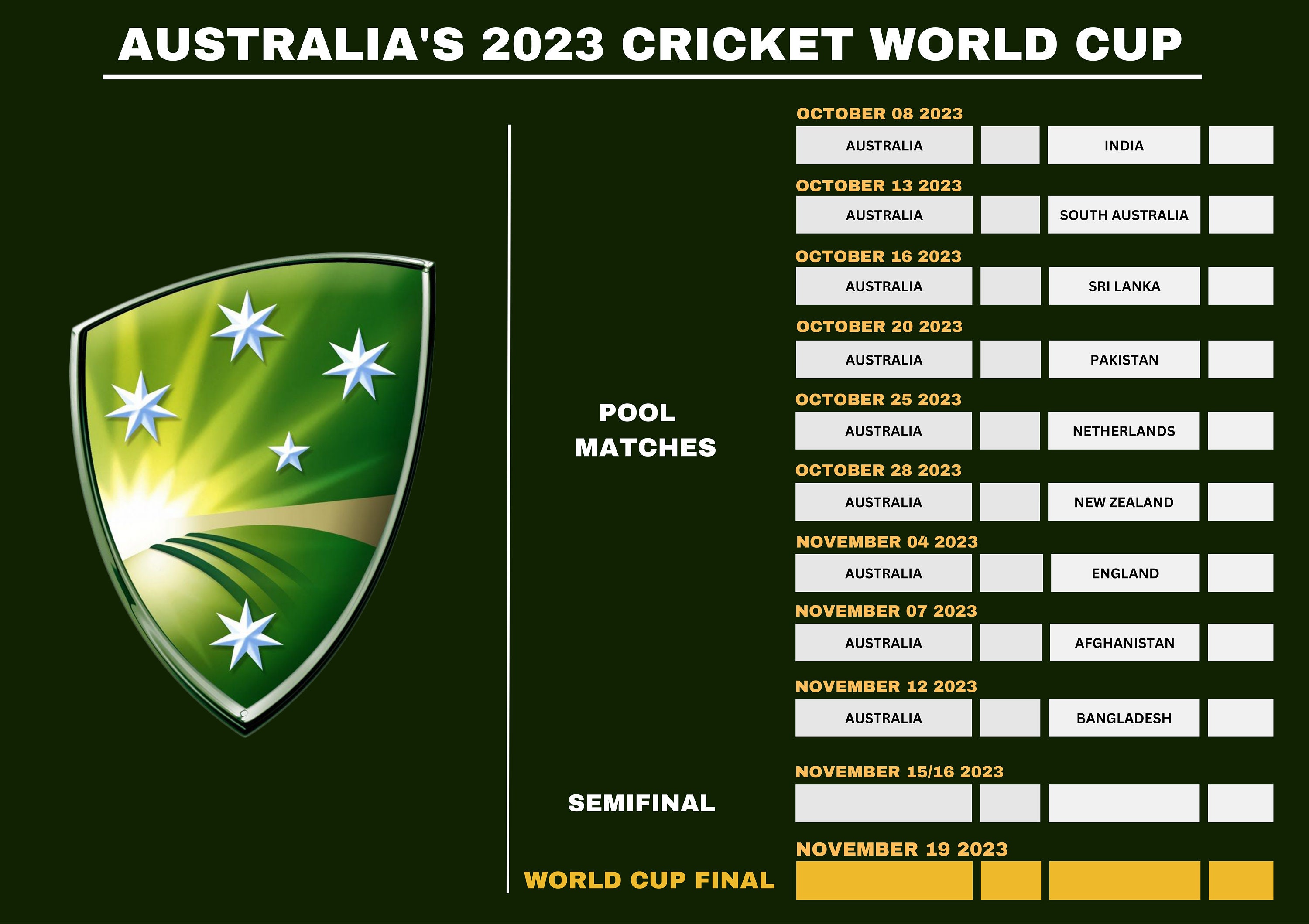 Australia s 2023 Cricket World Cup Schedule Poster A1 Etsy
