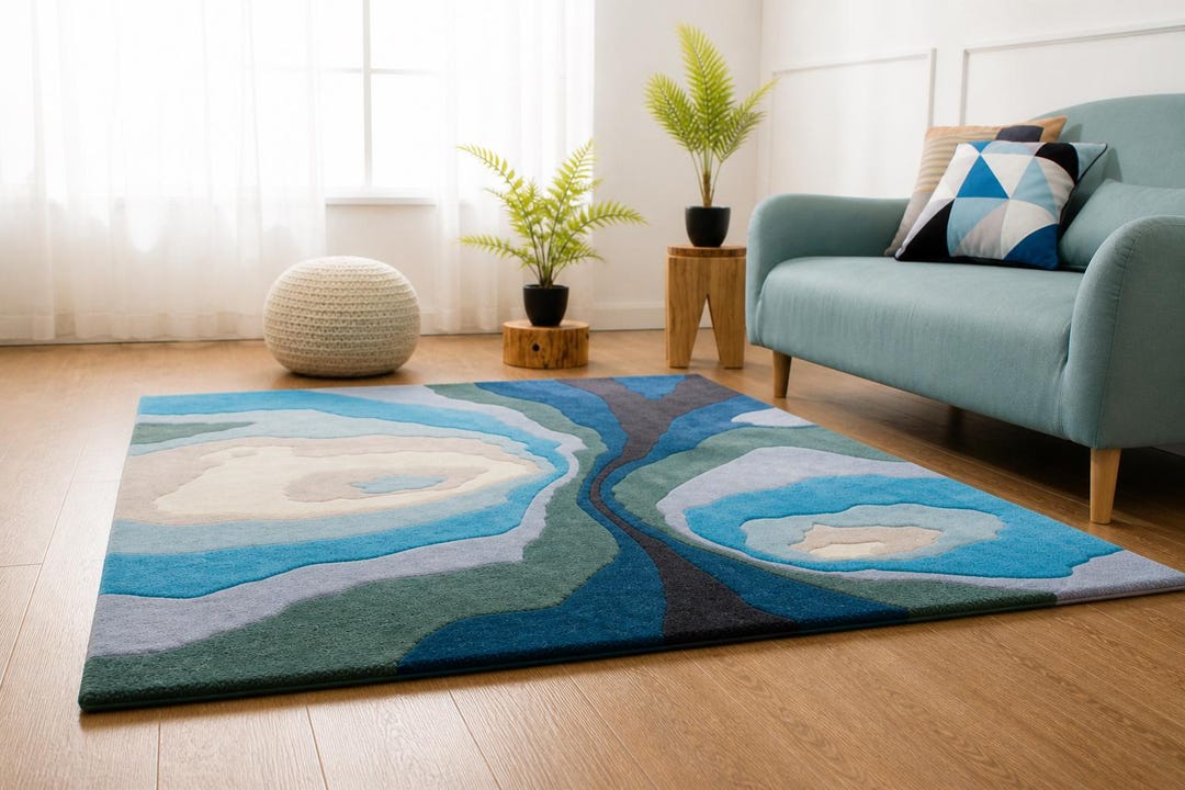 Abstract Blue Ocean Hand Tufted Wool Rug, Modern Living Room Carpet - Etsy