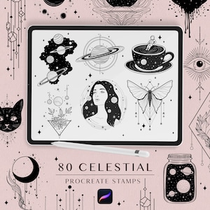 Celestial procreate stamps, Mystical procreate brushes, Cosmos, planets, space magical stamps