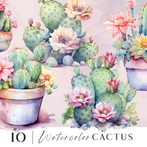 Cactus clipart, Succulent png, Cute watercolor plants in pots clip art illustrations for personal and commercial use, 10 png