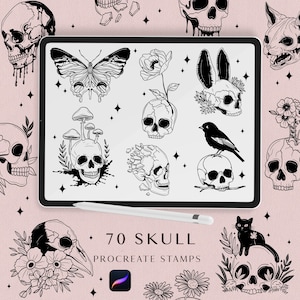 Skull Procreate staps, Procreate tattoo brushes set: skull, animal skull, skulls with flowers, mushrooms and plants