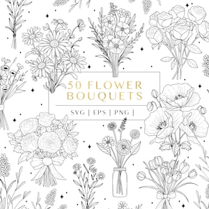 Ramo de flores svg, flores silvestres svg, amapola, peonía, margarita, tulipanes y rosa ilustración vectorial para uso personal y comercial