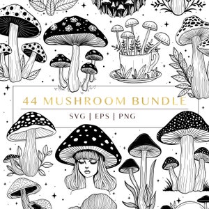 Lot svg champignon, clipart champignon mystique avec des têtes de mort, des filles et des éléments de la nature. Fichiers SVG, PNG et EPS.  44 illustrations uniques.
