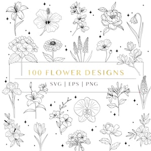 Lot de fleurs svg, svg bouquet de fleurs, 100 jolies illustrations florales : marguerite, coquelicot, rose, orchidée, lys, pivoine, aster, tournesol