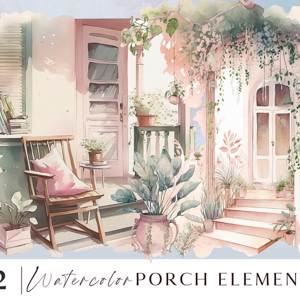 Watercolor porch clipart, Cozy porch png watercolor illustrations, Farmhouse clipart, Watercolor house clipart, 12 png