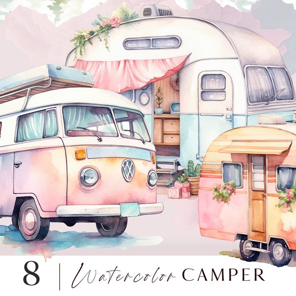 Retro camper png, camper clipart, Cute pastel watercolor illustrations, Clip art for personal and commercial use, 8 png