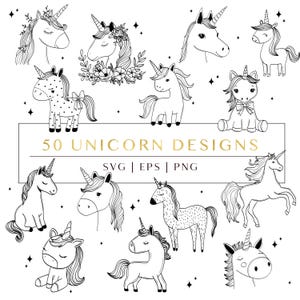 Peut inclure: Un ensemble de 50 illustrations de licornes en noir et blanc. Les licornes sont dans diverses poses, y compris debout, assises et courant. Le texte "50 UNICORN DESIGNS" est écrit en lettres dorées avec les mots "SVG | EPS | PNG" en dessous.