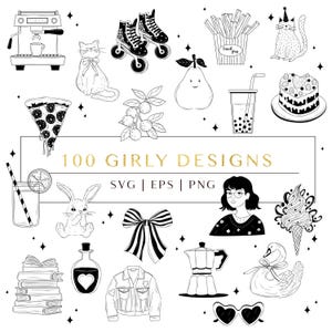 Niedliches svg Set. Girly Patchwork Elemente Set: Mädchen, Hund, Katze, Fast Food, Blume, Hase, Kaffee, Tee, Tiere, Obst. Von Hand gezeichnet