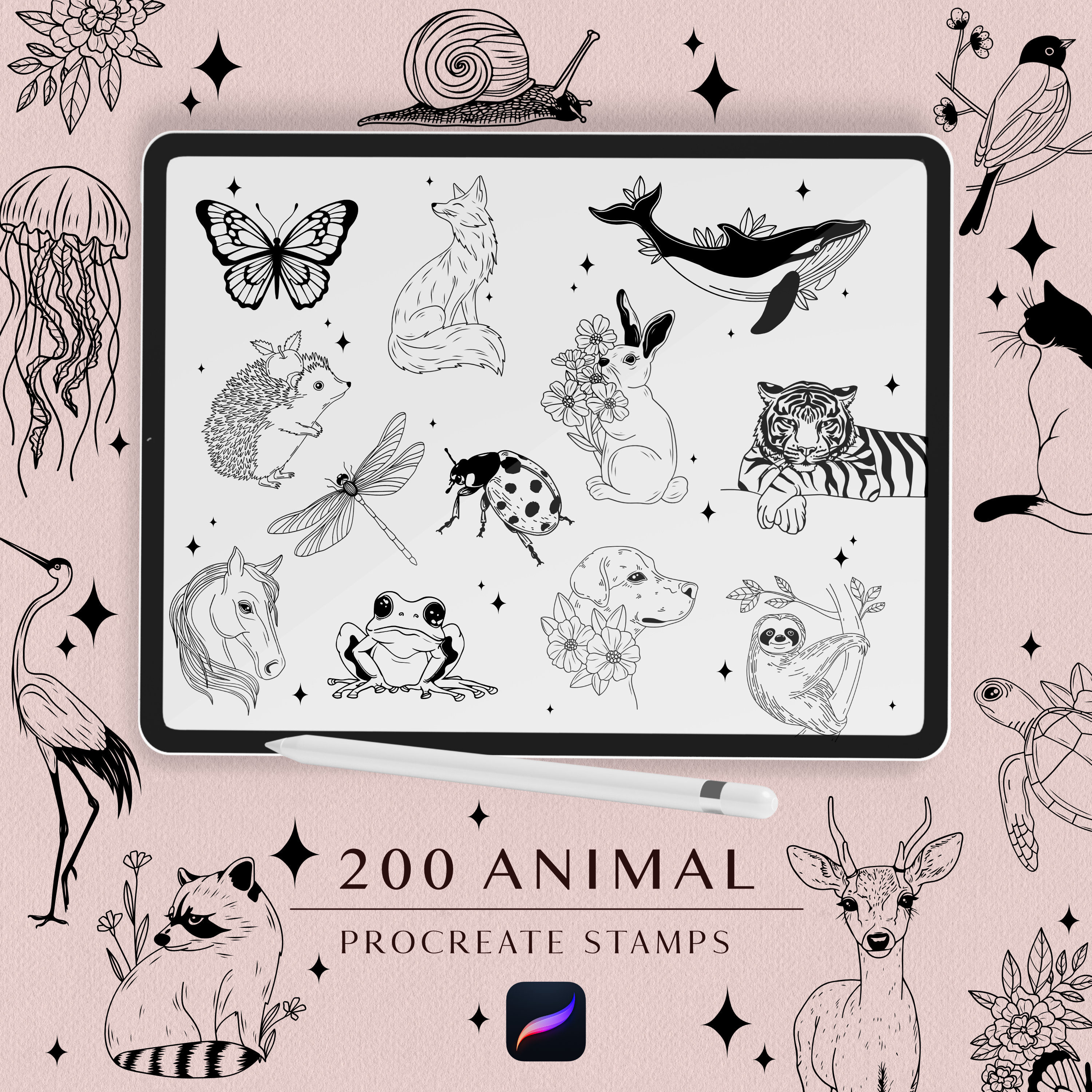 Pack de pinceles y sellos de animales para Procreate – 200 sellos y pinceles dibujados a mano