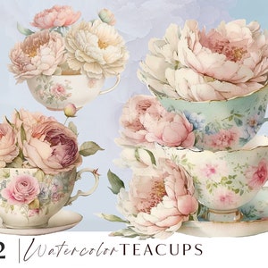 Tazza da tè vintage clipart png, Clipart festa del tè, Tazza da tè, peonie e rose set clip art illustrazioni per uso personale e commerciale, 12 png