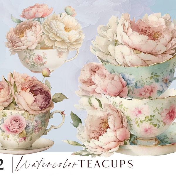 Vintage tea cup clipart png, Tea party clipart, Teacup, peonies and roses set clip art illustrations for personal and commercial use, 12 png