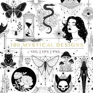 Svg mystique, illustrations vectorielles célestes de sorcière. Sorcière, champignon, papillon, chat noir, papillon de nuit, cristaux, fleurs, crâne, cartes de tarot.