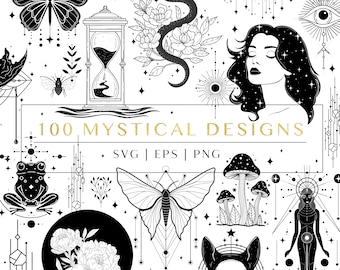 Mystical svg, Witchy celestial vector illustrations. Witch, mushroom, butterfly, black cat, moth, crystals, flowers, skull, tarot cards.