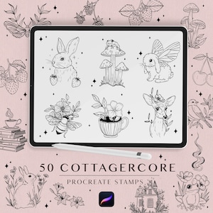 May include: A set of 50 cottagecore themed Procreate stamps featuring illustrations of bunnies, mushrooms, bees, flowers, a deer, a frog, a bird, and a house. The stamps are black and white and are designed for use in digital art.
