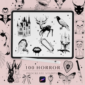 Peut inclure: Un ensemble de 100 tampons Procreate sur le thème de l'horreur en noir et blanc. Les tampons présentent diverses images effrayantes, notamment une maison hantée, un corbeau, un crâne, une chauve-souris, une araignée, un cœur, un couteau, un papillon et un lapin. Les tampons sont parfaits pour ajouter une touche d'horreur à votre art numérique.