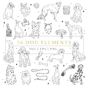 May include: A collection of 56 black and white line art dog elements including various dog breeds, a leash, a collar, a bandana, a bone, a ball, and a rope toy. The text 56 DOG ELEMENTS SVG | EPS | PNG is centered in the middle of the graphic.
