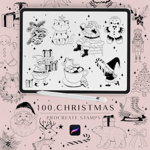 Może przedstawiać: Zestaw 100 czarno-białych ilustracji o tematyce świątecznej do użycia z aplikacją Procreate. Ilustracje obejmują Świętego Mikołaja, piernikowego ludzika, kota, renifera, niedźwiedzia polarnego, choinkę, dziadek do orzechów, laskę cukrową, skarpetkę, prezent, płatek śniegu, gwiazdę, dzwonek, wieniec i wiele innych.