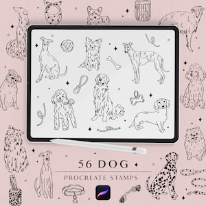 May include: A digital tablet displaying a collection of black line art dog illustrations and accessories, with a stylus resting below. The screen features various dog breeds, bones, and leashes. Text reads 56 DOG PROCREATE STAMPS.